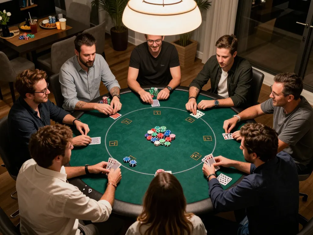 Engaging poker game night featuring ok8386 vip players with colorful chips on the table and drinks, fostering a fun and responsible gambling atmosphere.