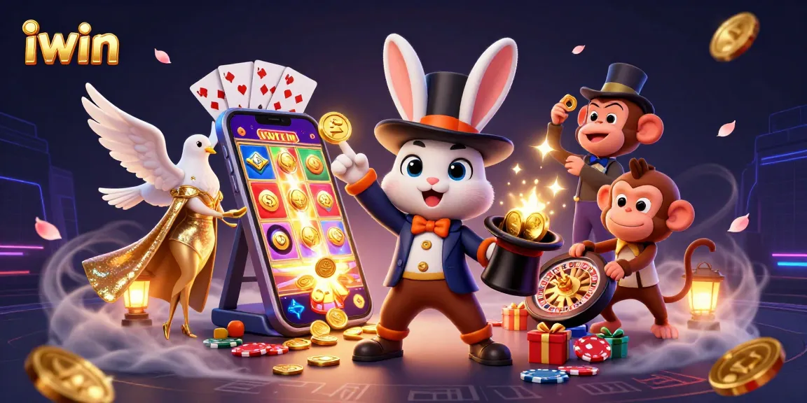 Win big at iwin with a vibrant magical scene of a rabbit pulling coins and poker chips.