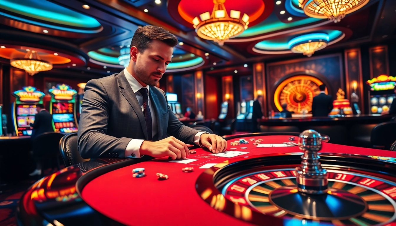 Experience the vibrant atmosphere of a man club at an upscale casino featuring poker tables and roulette.
