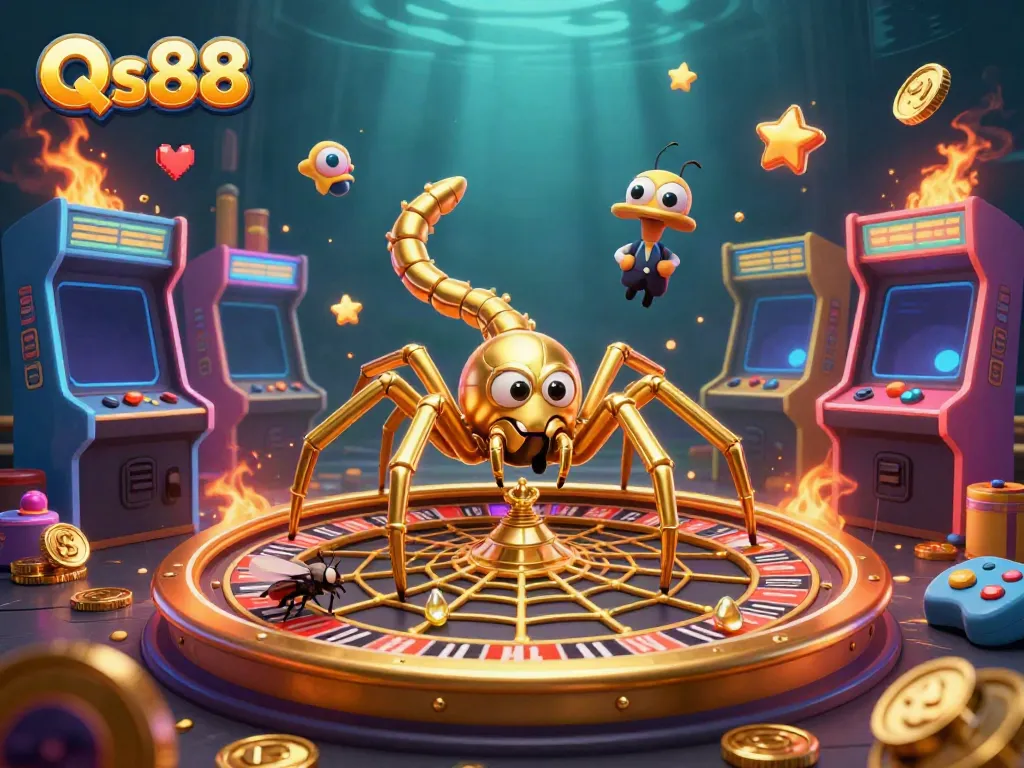Experience thrilling action as Qs88 introduces a golden spider managing a roulette web while a nervous fly bets coins.