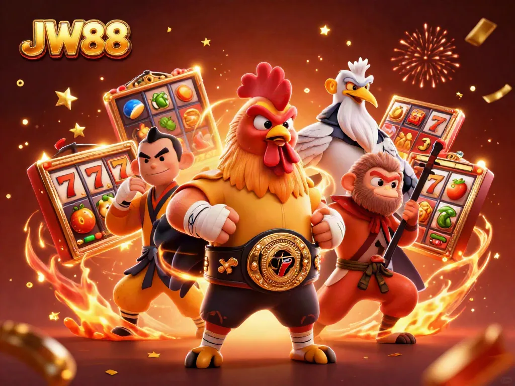 Experience JW88 excitement with a vibrant 3D illustration of casino characters amid rich celebratory elements.