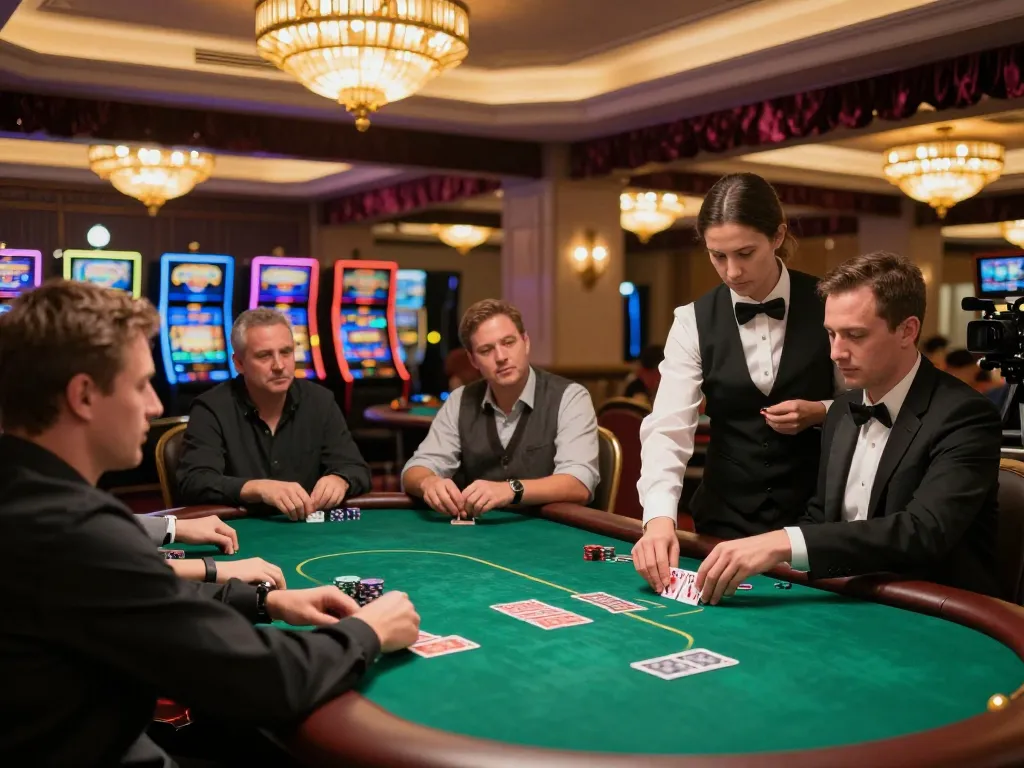 o8 players engaging in high-stakes poker under vibrant casino lights, showcasing intense gameplay.