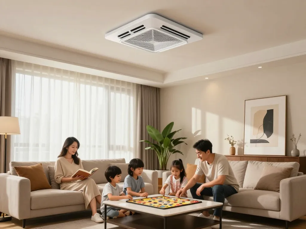 Stijlvolle ontwerp plafond ventilator die de decoratie van een moderne woonkamer verbetert terwijl een gezin samen tijd doorbrengt.