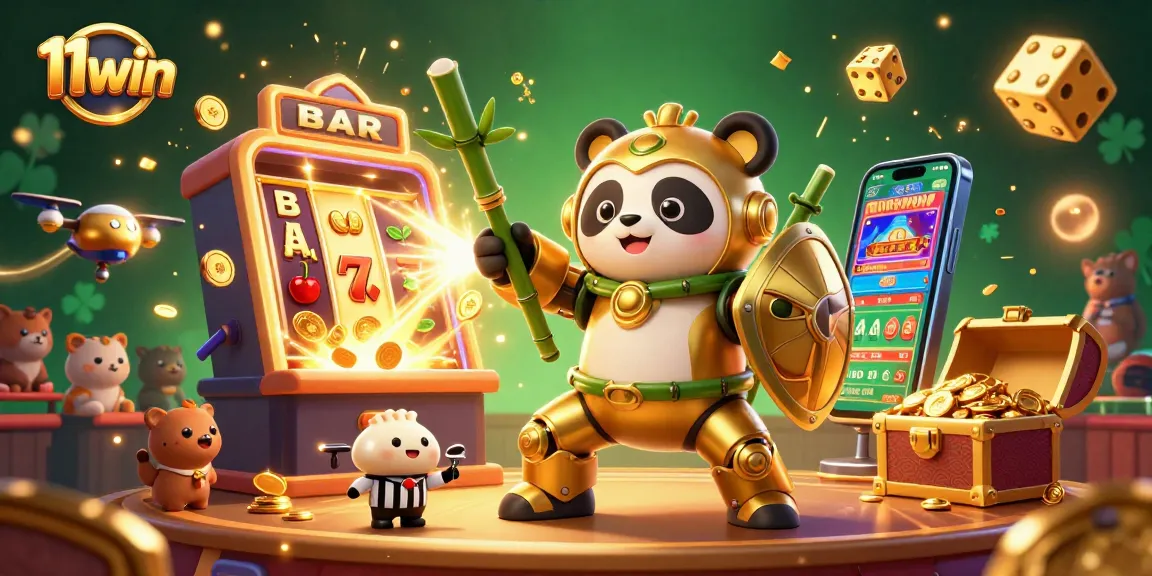 11win showcases an engaging 3D cartoon casino scene featuring a mech-suit panda amidst vibrant slot elements.