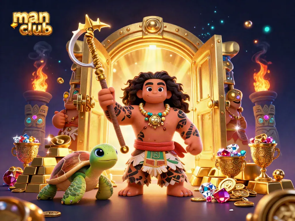 Engage with the thrilling manclub gaming experience in this vibrant casino-themed illustration featuring dynamic characters and treasures.