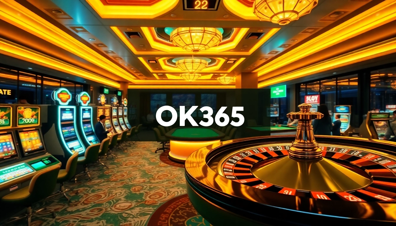 Players winning at nhà cái OK365 with vibrant casino tables, slot machines, and engaging games.