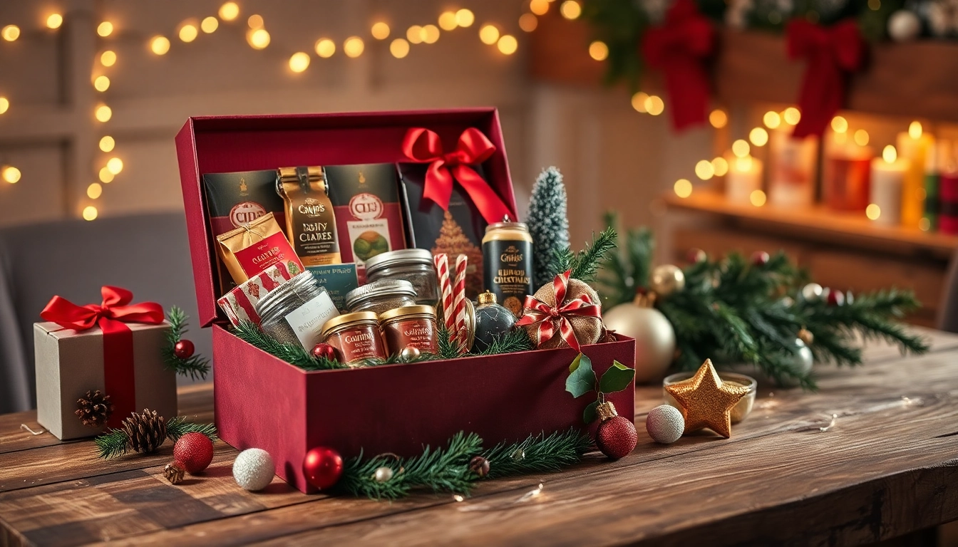 Kerstpakket gevuld met gastronomische lekkernijen en feestelijke traktaties, die een warme feestelijke sfeer uitstralen.