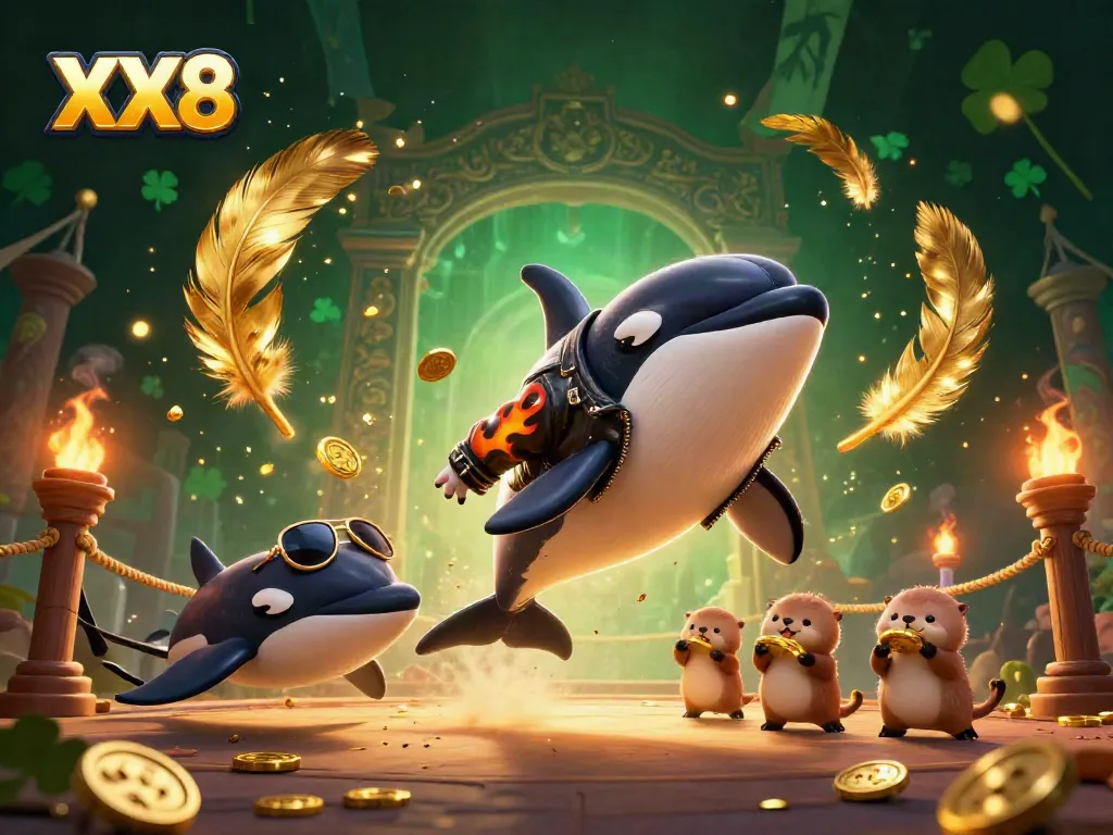 Experience thrilling gameplay with XX8 as sea creatures celebrate, surrounded by coins and gaming elements.