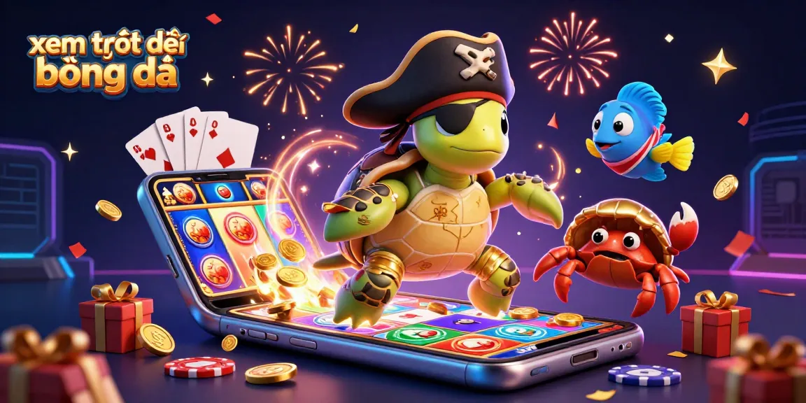 Experience xem trực tiếp bóng đá with an exciting 3D illustration of a turtle, crab, and fish amidst dynamic casino elements.