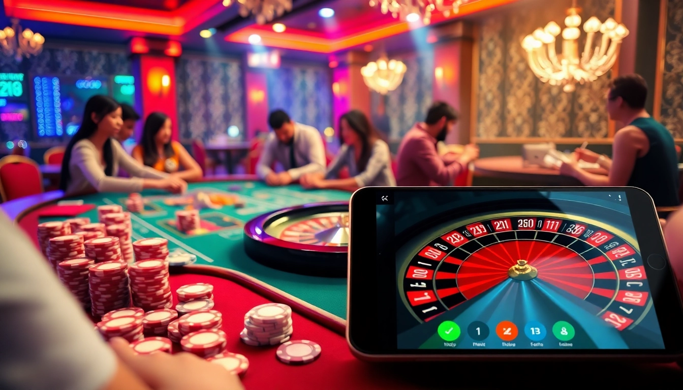 Playing with s8 apk on a mobile device amid an exciting casino atmosphere with roulette wheels and poker chips.