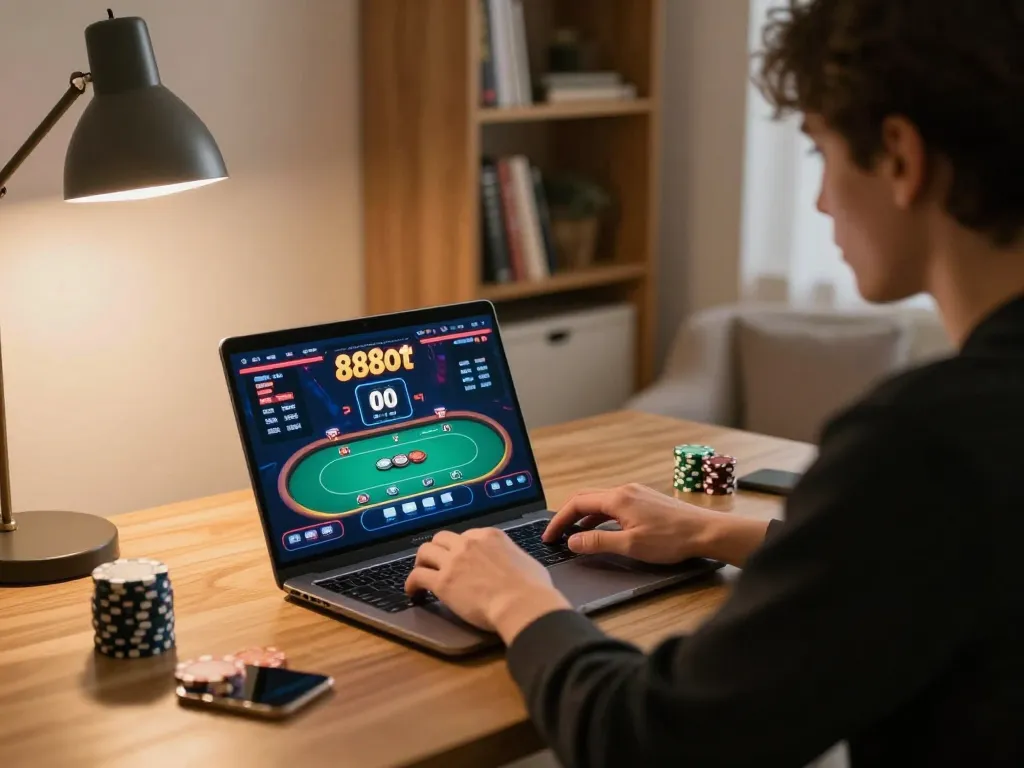 Player strategizing wins on 888slot during home gaming session with warm lighting.