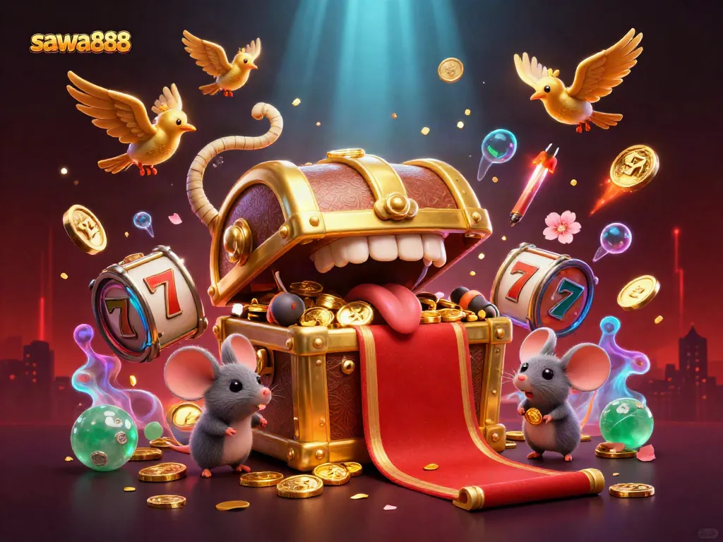 Experience vibrant gameplay with sawa888's entertaining golden treasure chest and casino elements.