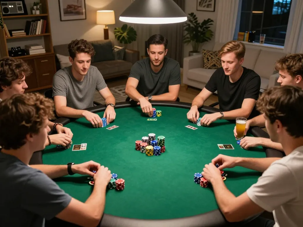 Alo8 center players strategizing in a home poker game with colorful chips and focused expressions
