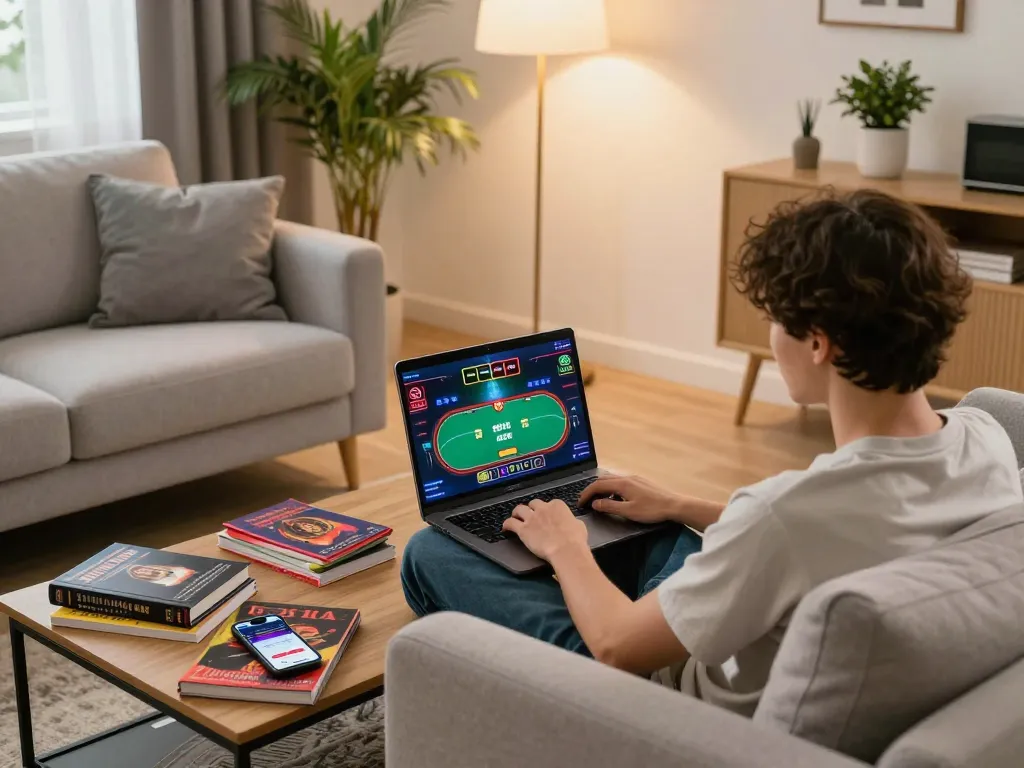 RIKVIP in action with a player engaged in online poker gaming from a stylish home setup.