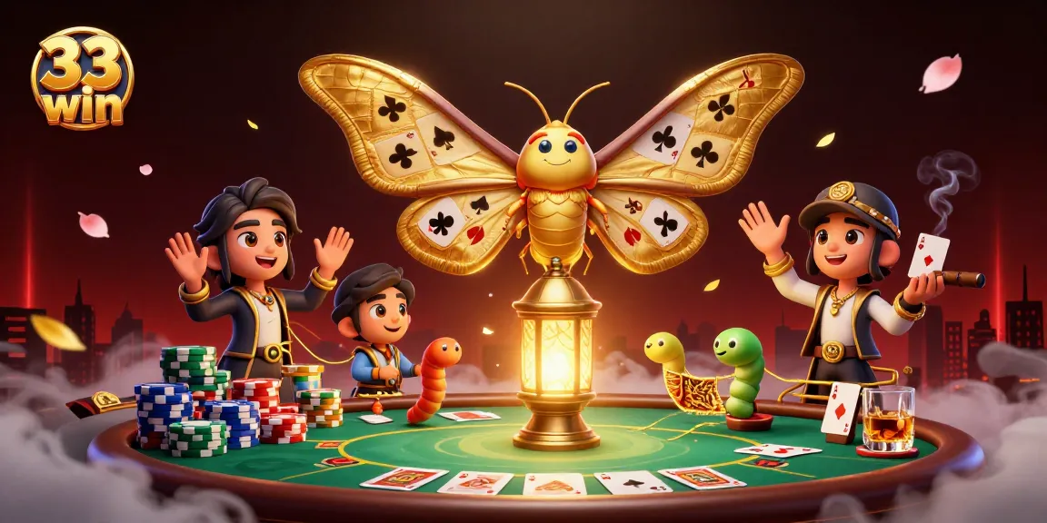 33 win showcases a vibrant casino scene featuring a 3D atlas moth and poker elements.