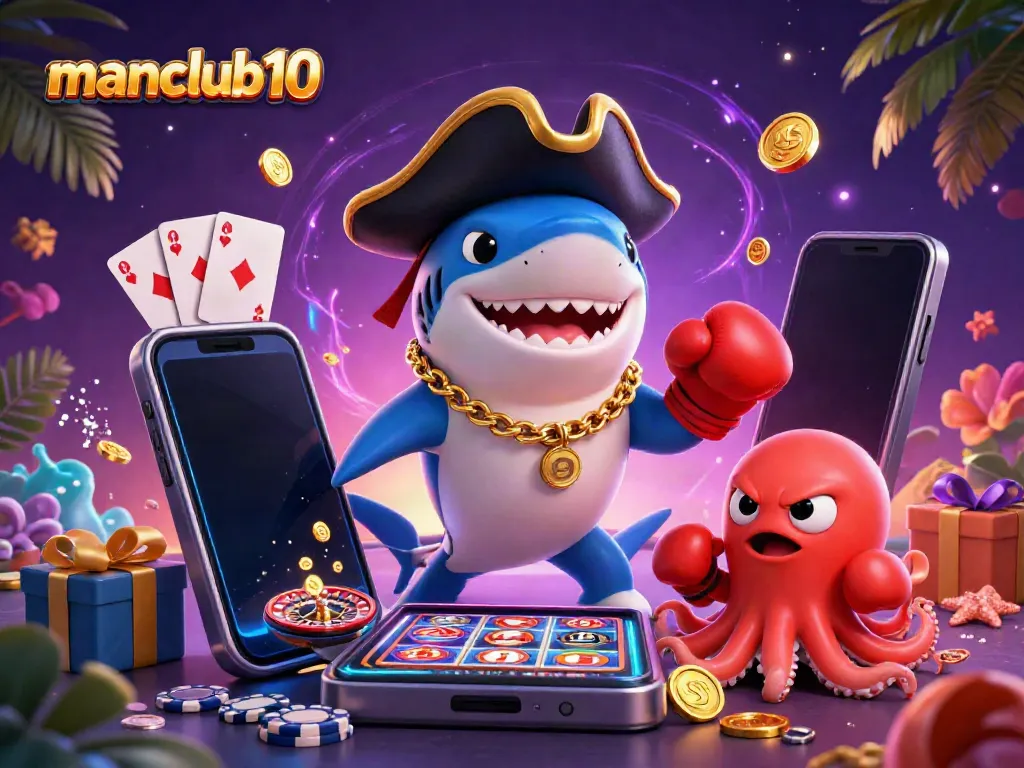 Join the action with characters from manclub10 in a vibrant casino scene with gold coins and games.
