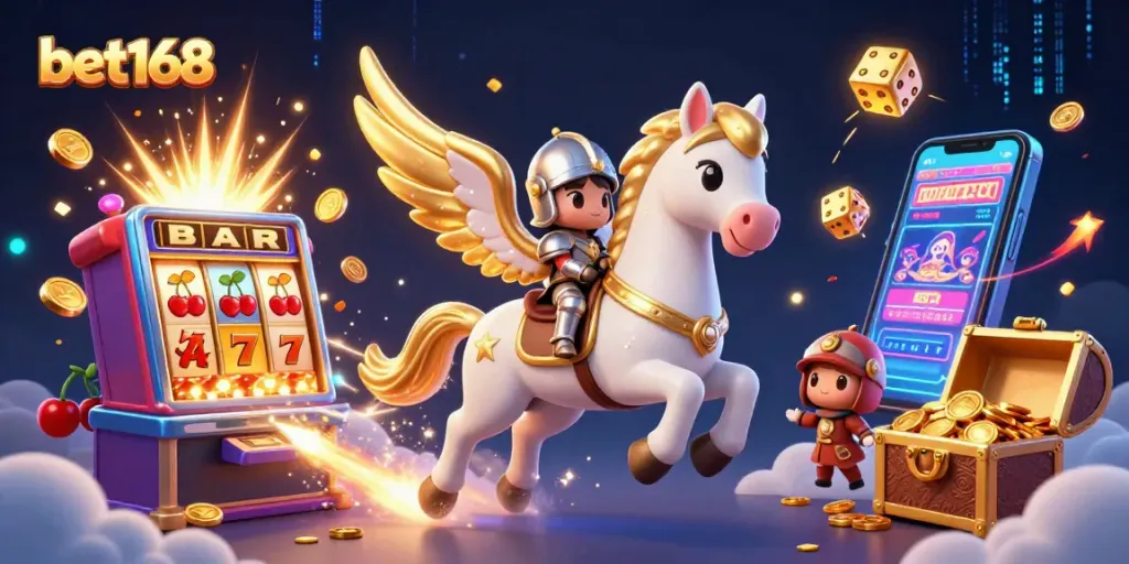 Experience the excitement of bet168 as golden coins rain down from a massive slot machine.