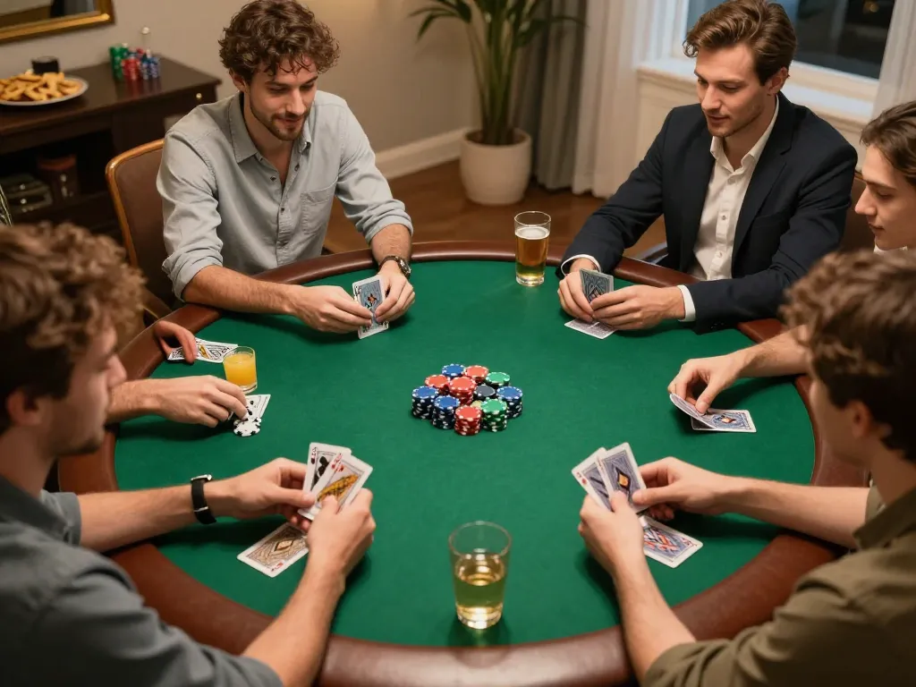 Engaged friends playing poker at home, featuring 13win strategy elements for social gaming.