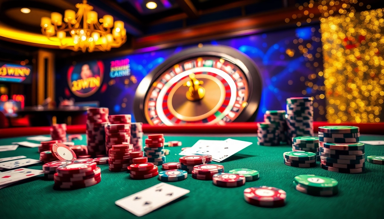 Experience the excitement of 33WIN with a vibrant casino scene featuring tables, chips, and roulette.