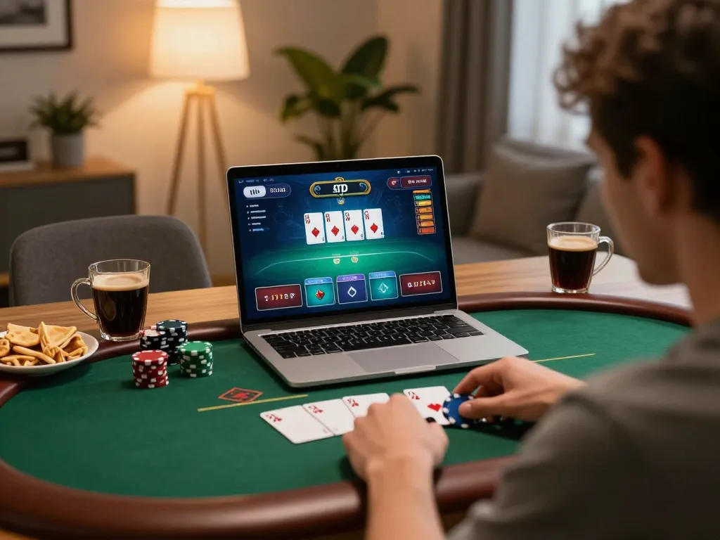 Player enjoying an engaging poker session on U888 platform from home office setup