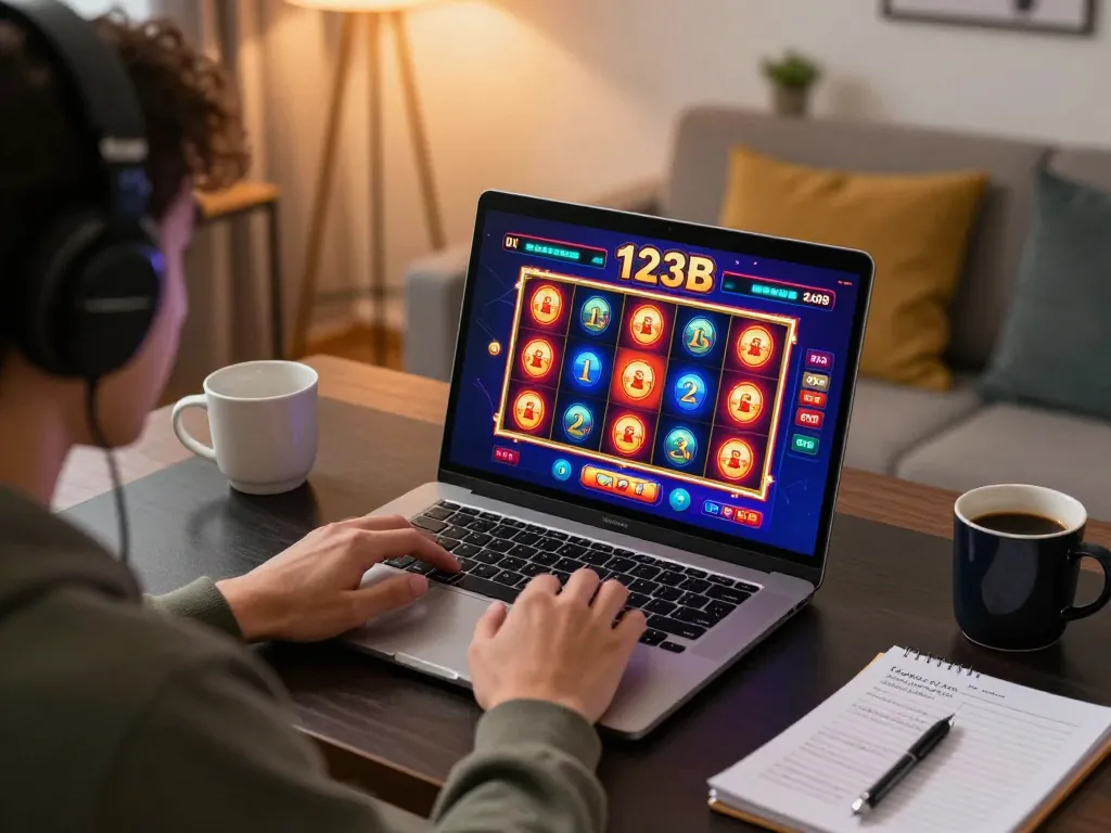 Engaging player using 123B casino app on laptop during immersive gaming session