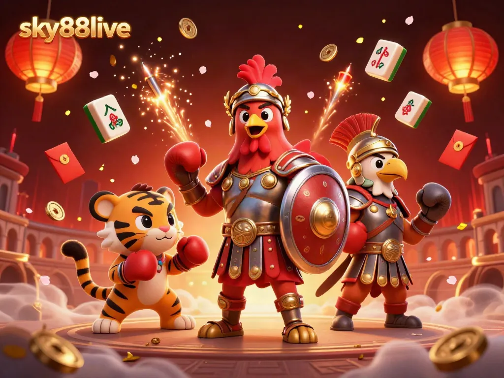 Engage with thrilling gaming action at sky88live featuring vibrant 3D characters in a dynamic casino scene.