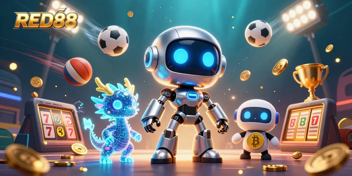 Experience the excitement of the RED88 casino with a dynamic 3D illustration highlighting sports and slots.