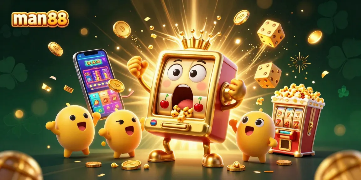 Experience man88’s thrilling slots as cartoon machines celebrate a jackpot explosion in vibrant detail.