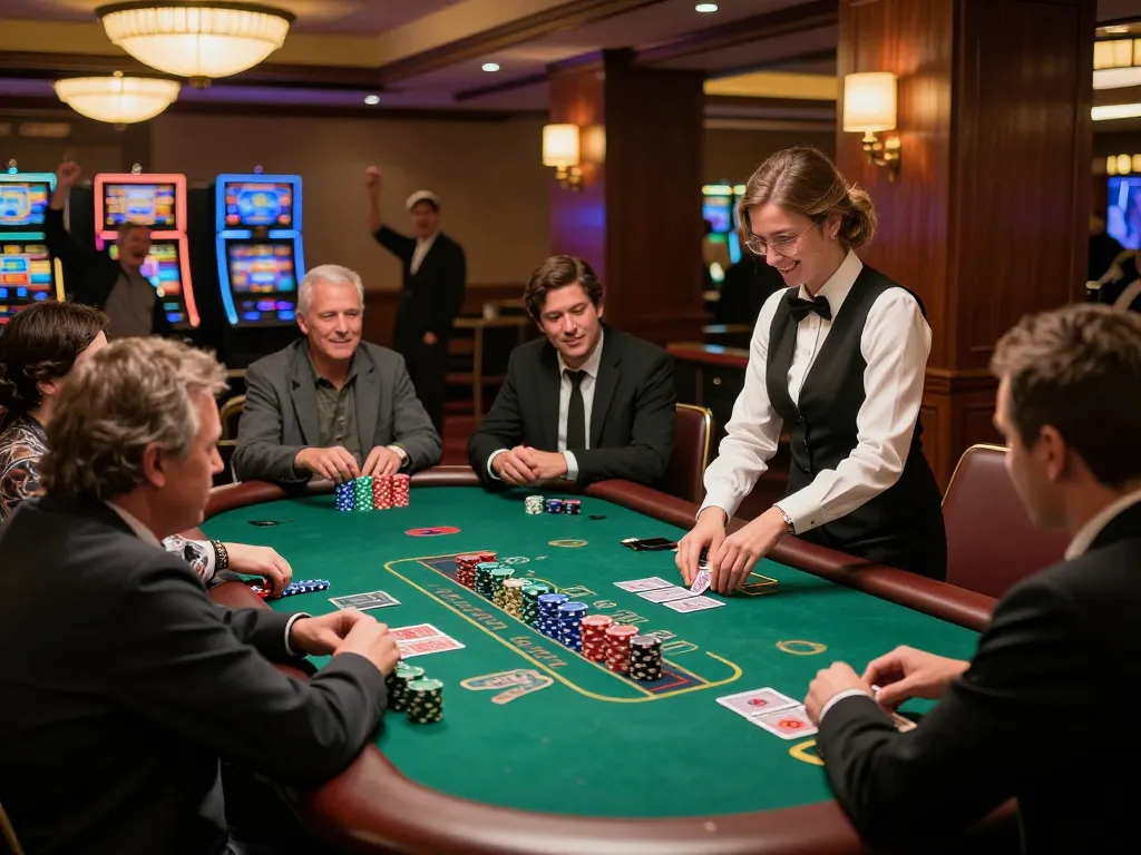 kk44 players strategically placing bets at a lively blackjack table in an upscale casino setting