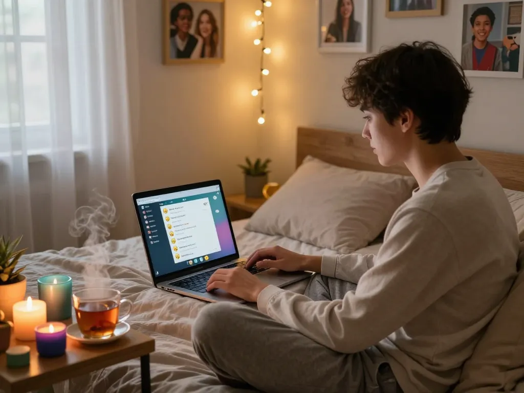 Engaging in a cozy sex chat online in a warmly lit bedroom with vibrant interface and personal touches.