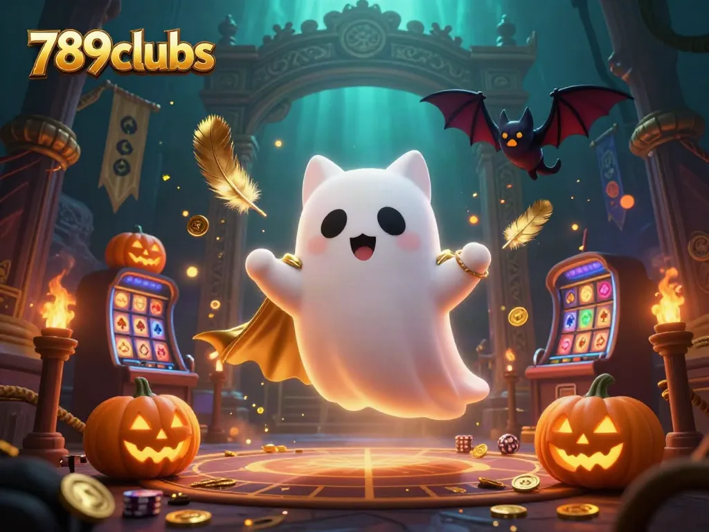 Experience thrilling moments at 789clubs with a friendly ghost cat and vampire bat in a haunted casino.
