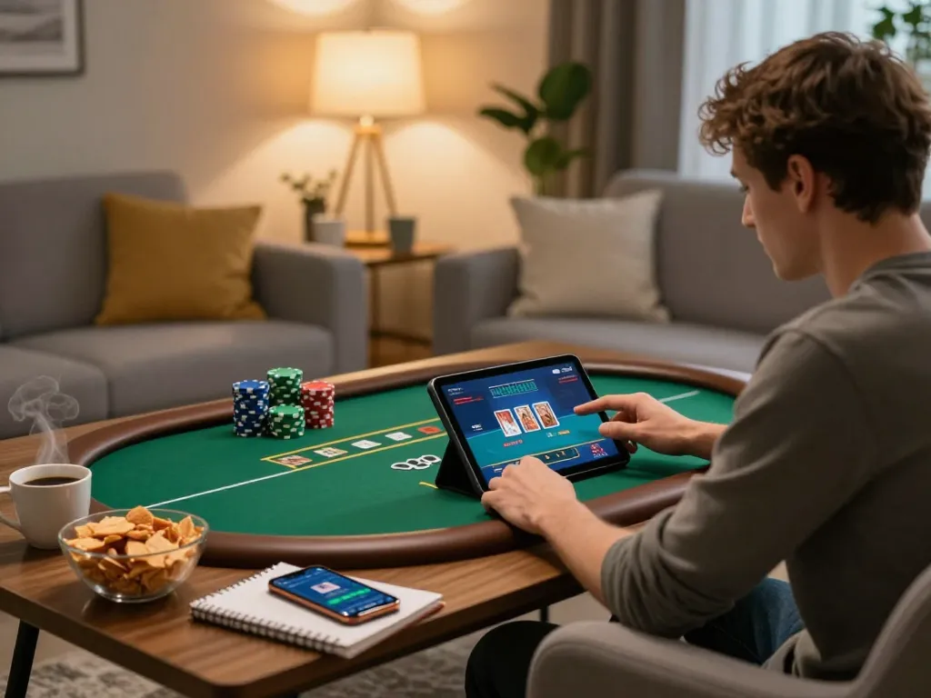 An engaged player using a tablet for 8kbet online poker gaming in a cozy home setting with strategic notes.