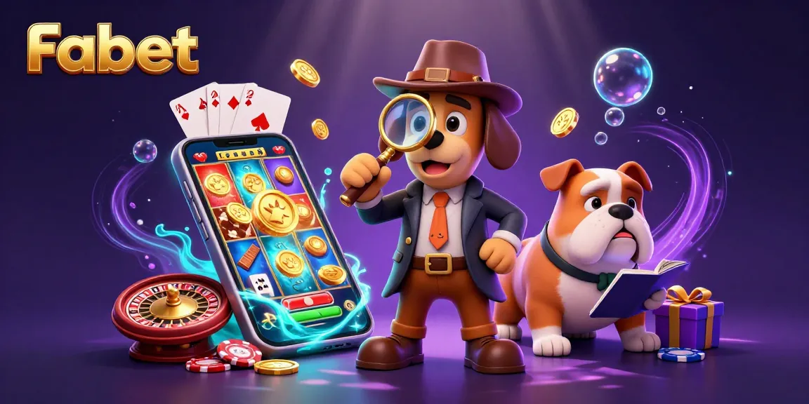 Fabet reveals exciting casino clues with a detective dog, while vibrant gaming elements enhance the scene.