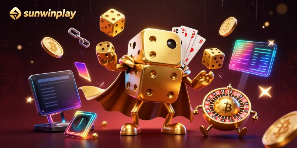 Interact with thrilling gaming elements and crypto-themed visuals in the vivid sunwinplay illustration.
