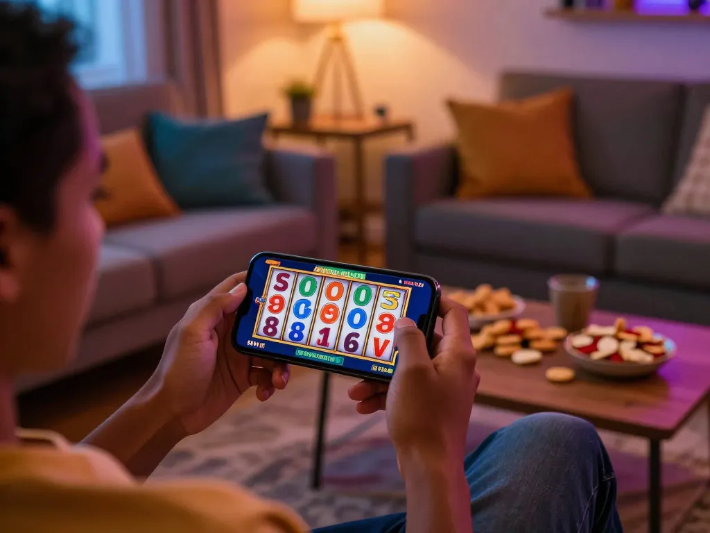 Engaging with the online casino app at https://mm88vin.com/ during a cozy evening, showcasing exciting gameplay.