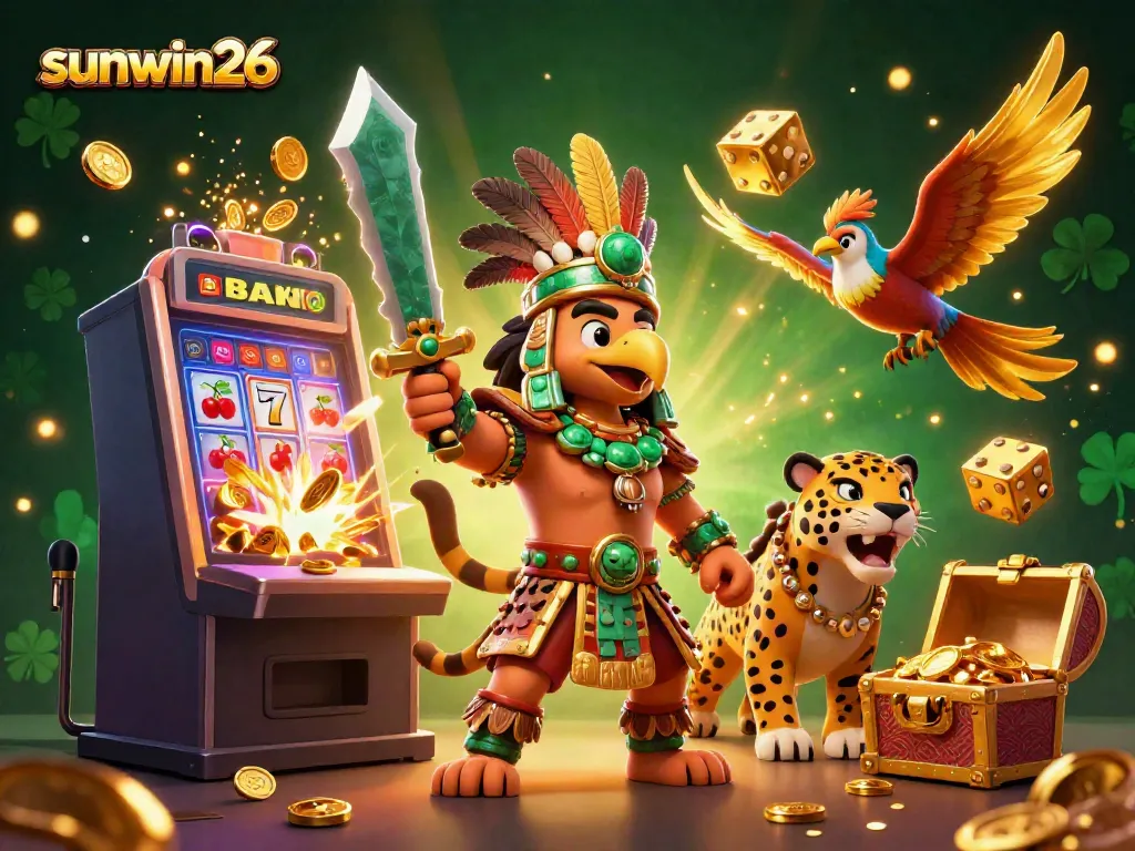 Experience the excitement of sunwin26 with a vibrant casino scene featuring stunning Aztec warriors and jackpot symbols.
