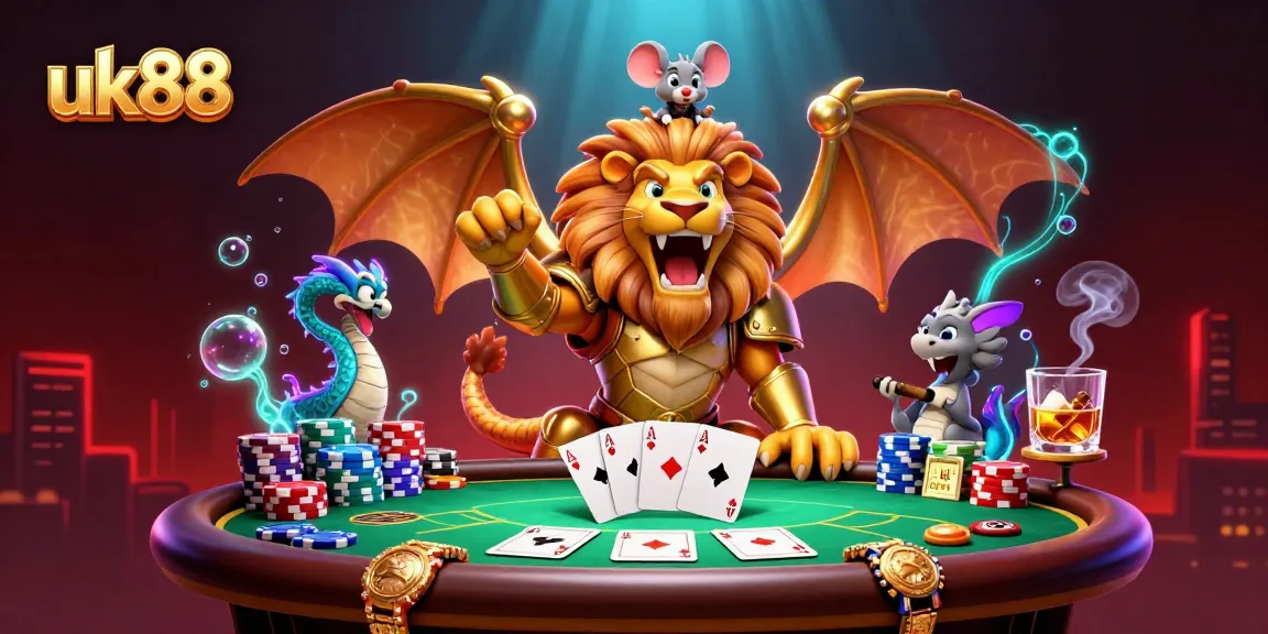 Engage in thrilling games at uk88 with diverse poker elements and striking visuals of a roaring chimera.