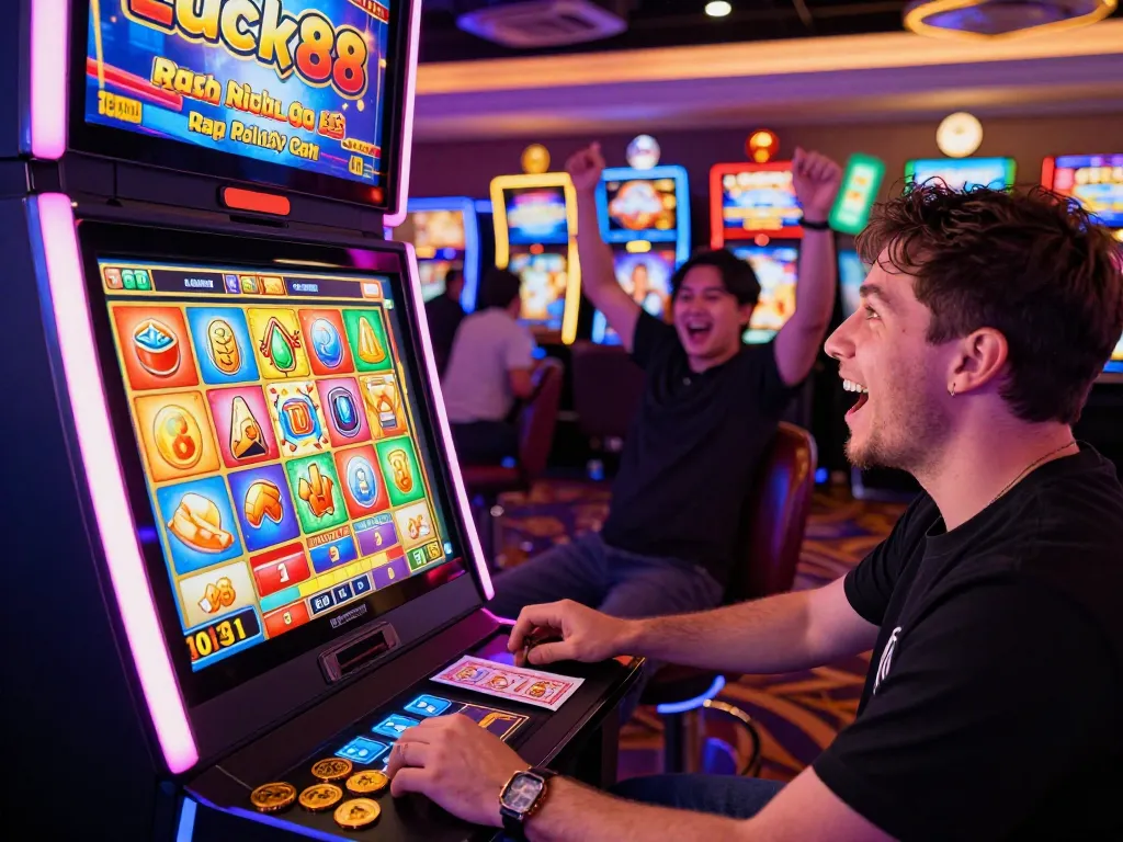 Excitement at the Lucky88 slot machine in a vibrant casino atmosphere.