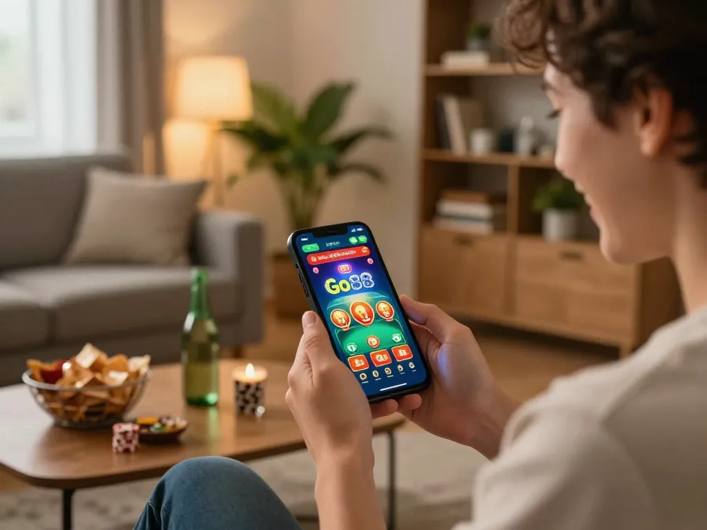 TẢI GO88 while enjoying mobile gaming in a cozy home setup, showcasing the excitement of gameplay.