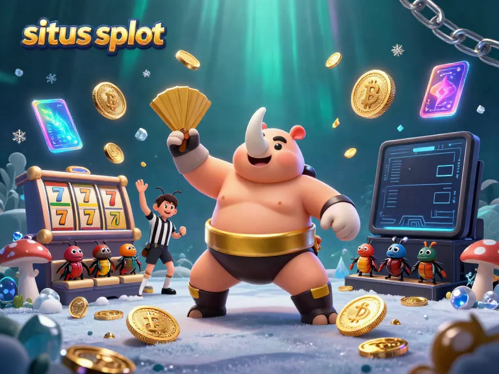 Experience the excitement of situs slot with a vibrant scene featuring a beetle sumo champion amidst jackpots and crypto coins.