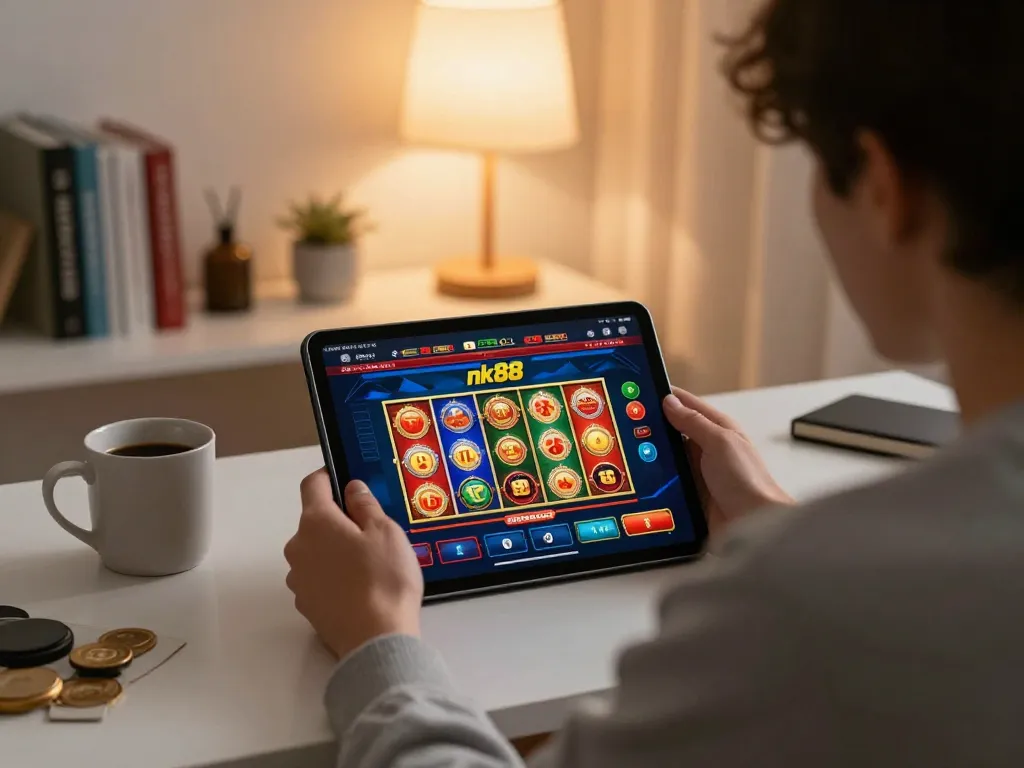 Engaged gambler using nk88 online casino app on tablet at home, showcasing strategic gameplay and comfortable atmosphere.