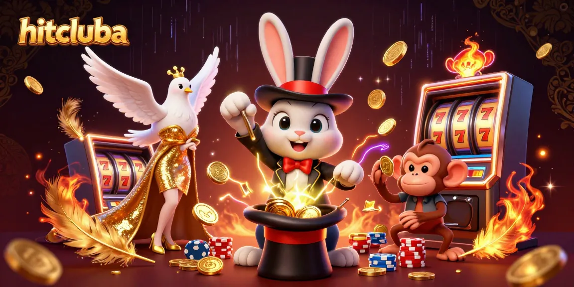Experience winning moments at hitcluba with a lively gambling scene featuring a magician rabbit, dove, and playful monkey amidst vibrant casino elements.