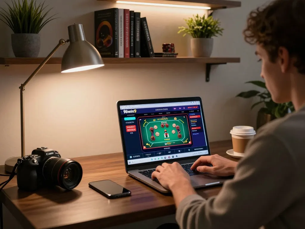 Engaging online gaming experience with 98win9 on laptop, showcasing strategic poker gameplay.