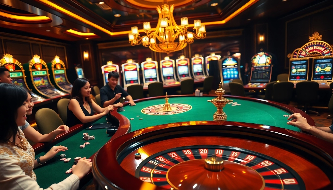 Engaging game action at trang chủ me88 with players enjoying poker and slots in a vibrant casino setting.
