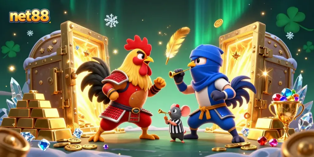 Compete at net88 in a dynamic scene with cartoon fighting roosters, treasures, and vibrant casino elements.