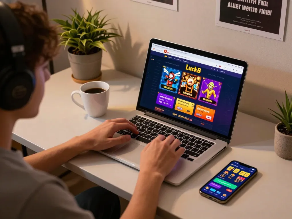 Engaging gameplay on luck8 casino with user actively playing on a laptop in a cozy home setup
