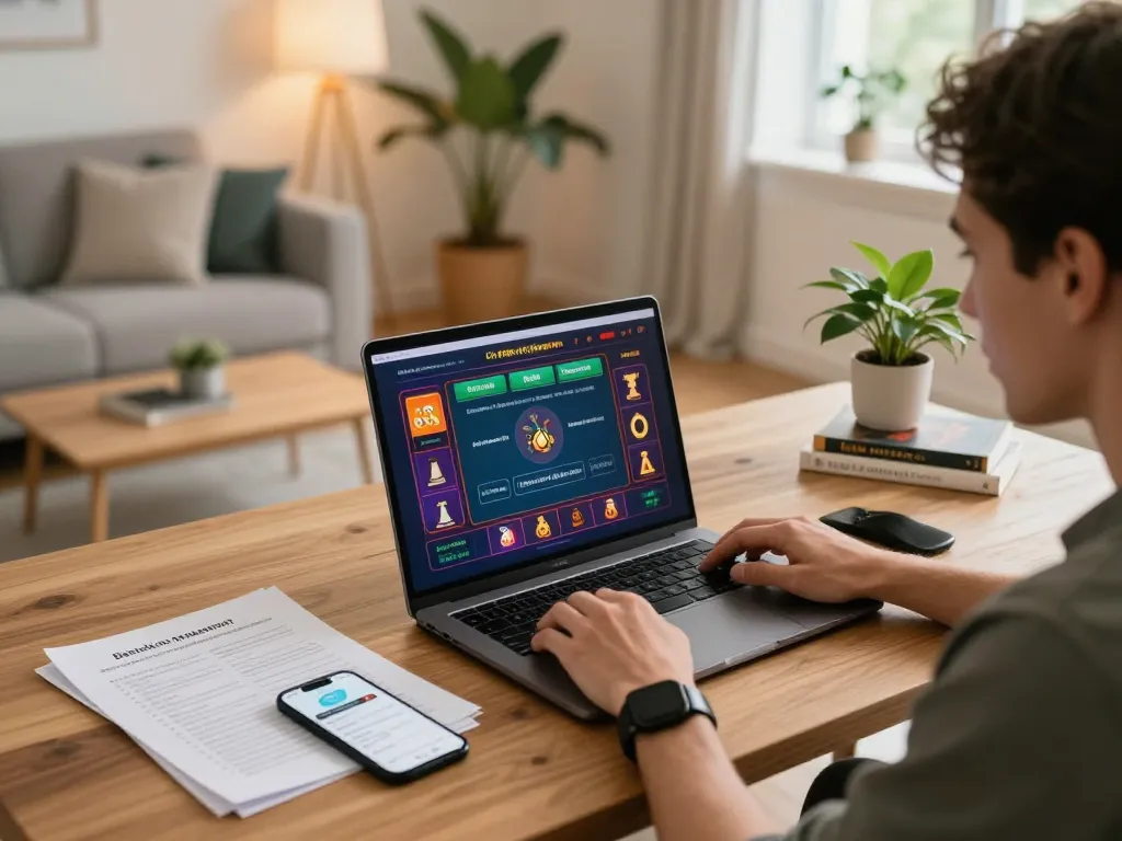 Person enjoying VU88 online gambling experience on a laptop surrounded by responsible gaming notes