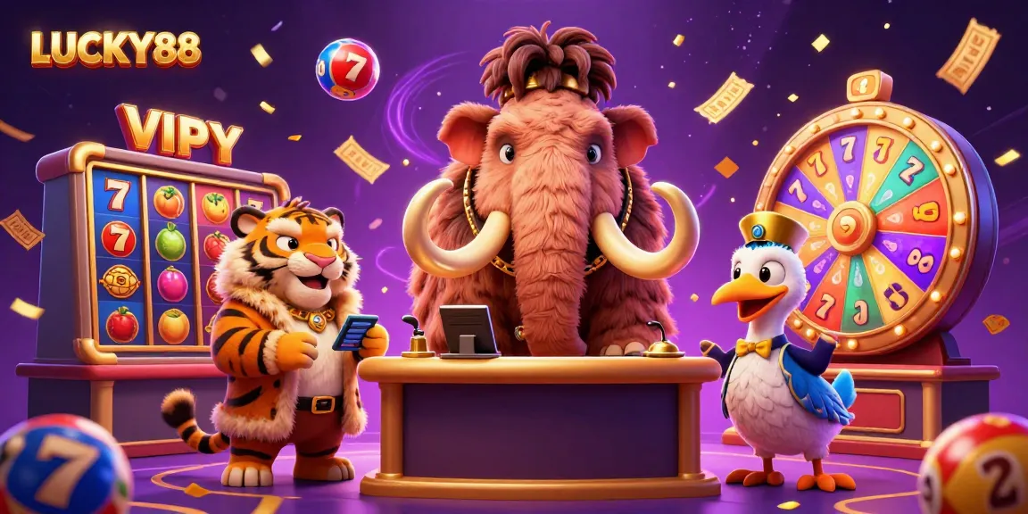 Experience the excitement of LUCKY88 slot games alongside vibrant characters in this dynamic illustration.