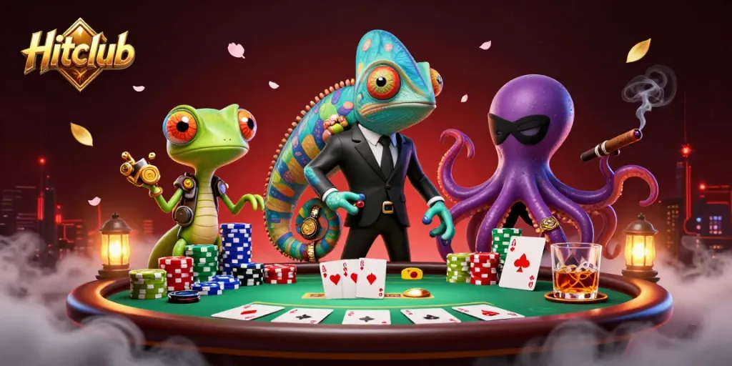 Hitclub table action with vibrant characters in a 3D casino experience, showcasing strategic poker gameplay.