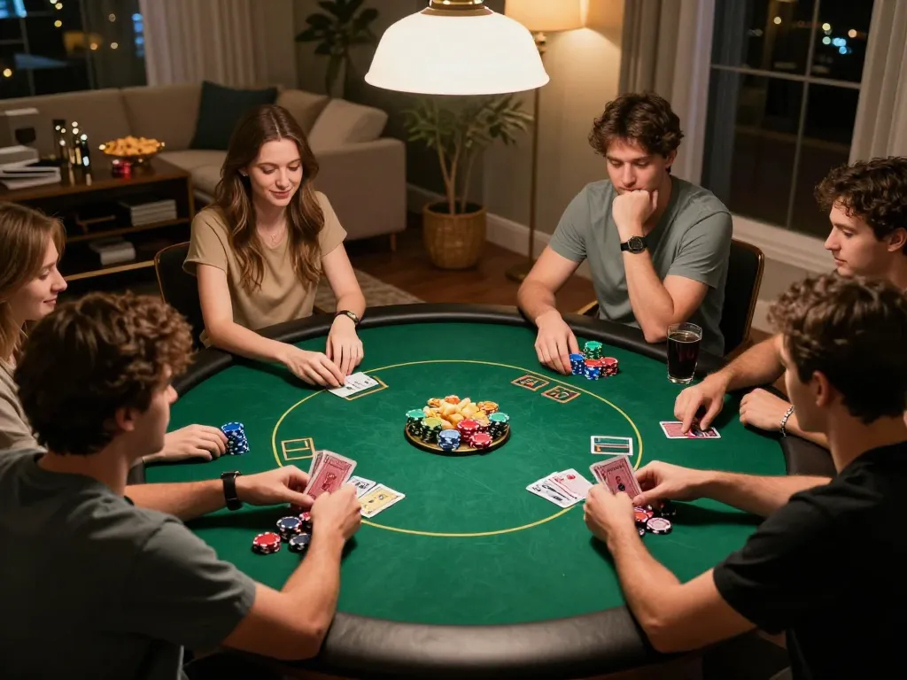 Players enjoying a lively poker game at home showcasing hm88 strategies with cards and chips visible.